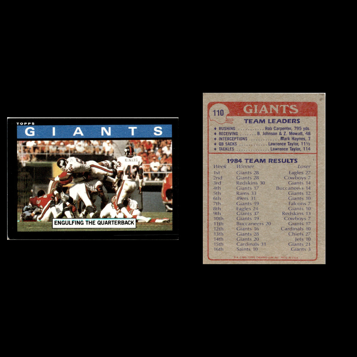 Giants Team Leaders #110 1985 Topps New York Giants Football Card NFL NM