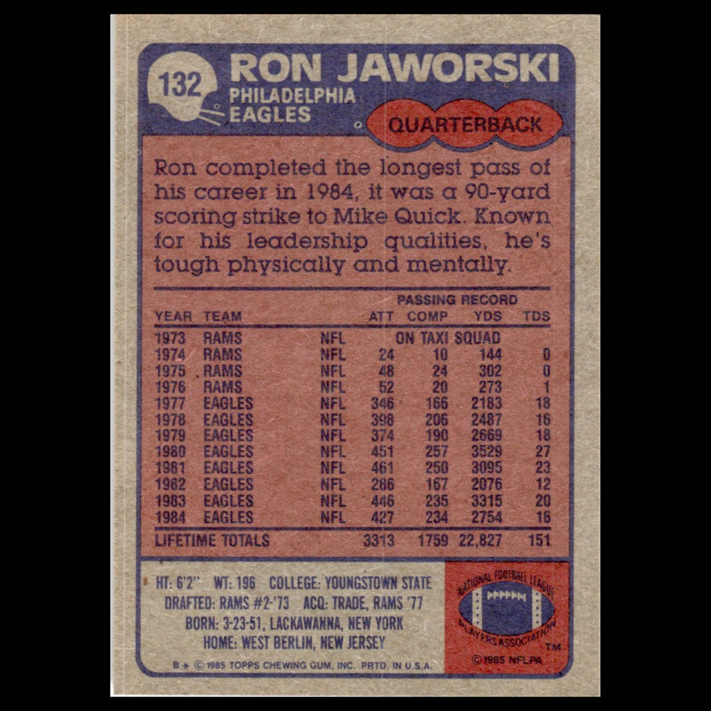 Ron Jaworski #132 1985 Topps Philadelphia Eagles Football Card NFL NM