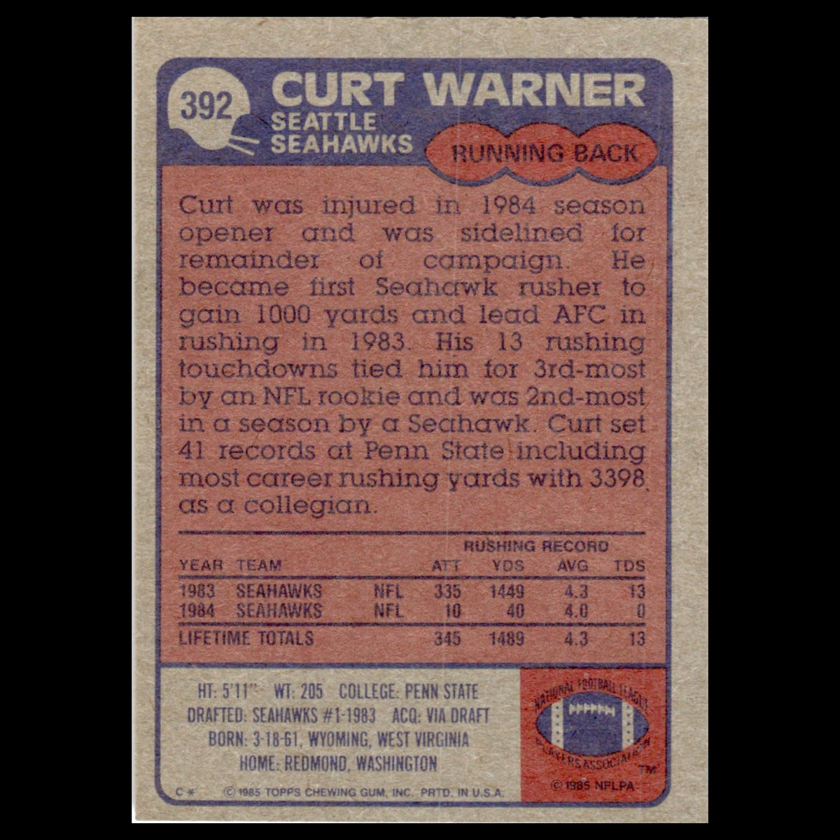 Curt Warner #392 1985 Topps Seattle Seahawks Football Card NFL NM
