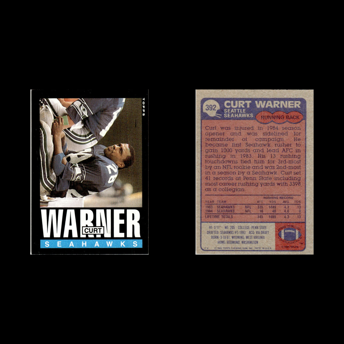 Curt Warner #392 1985 Topps Seattle Seahawks Football Card NFL NM