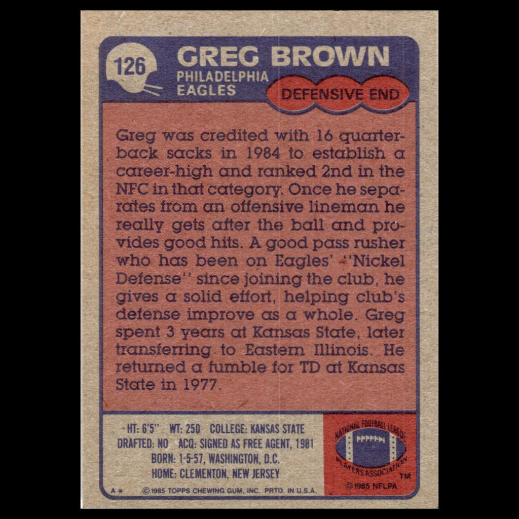 Greg Brown #126 1985 Topps Philadelphia Eagles Football Card NFL NM