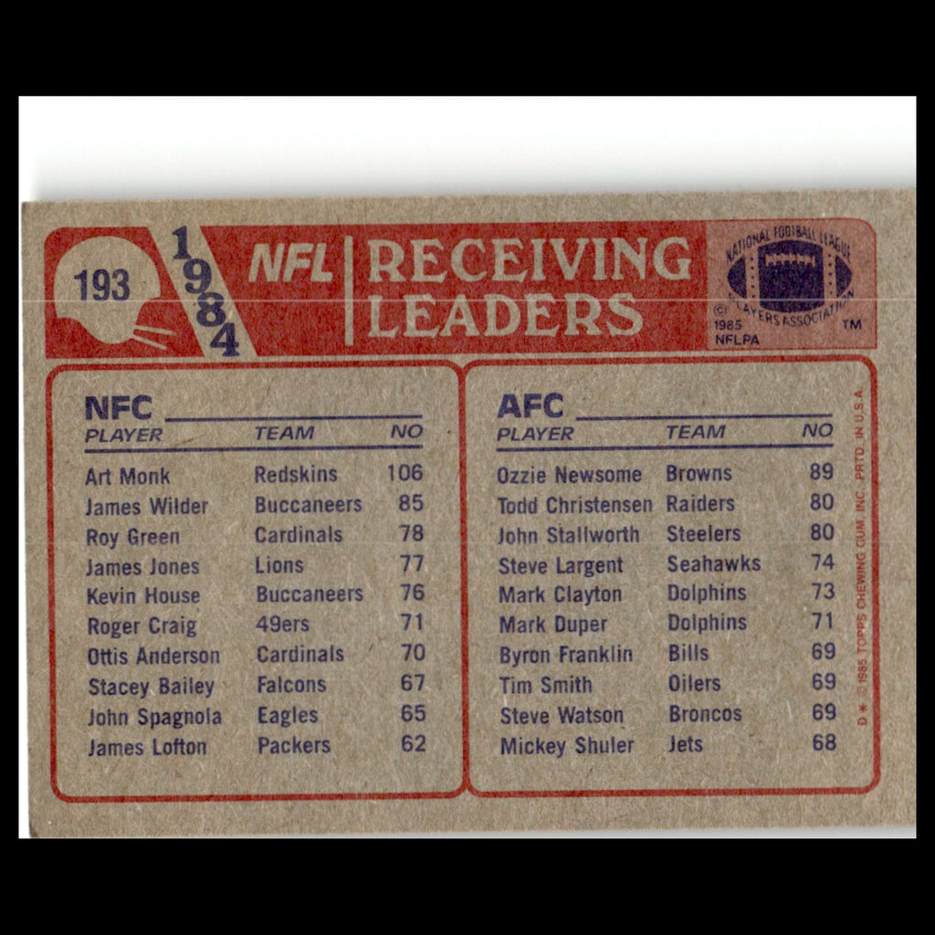 Ozzie Newsome/Art Monk #193 1985 Topps Cleveland Browns/Washington Redskins Card