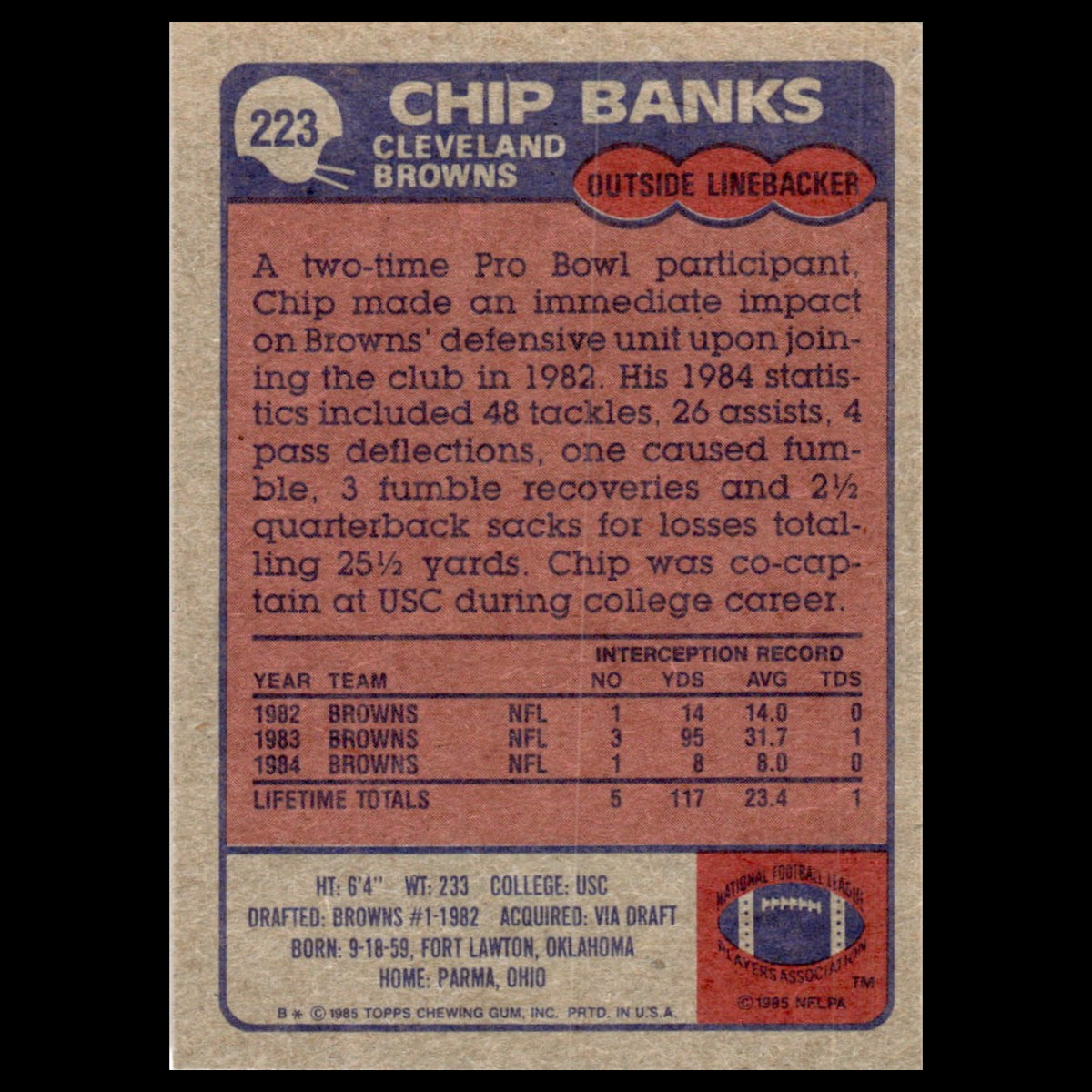 Chip Banks #223 1985 Topps Cleveland Browns Football Card NFL NM