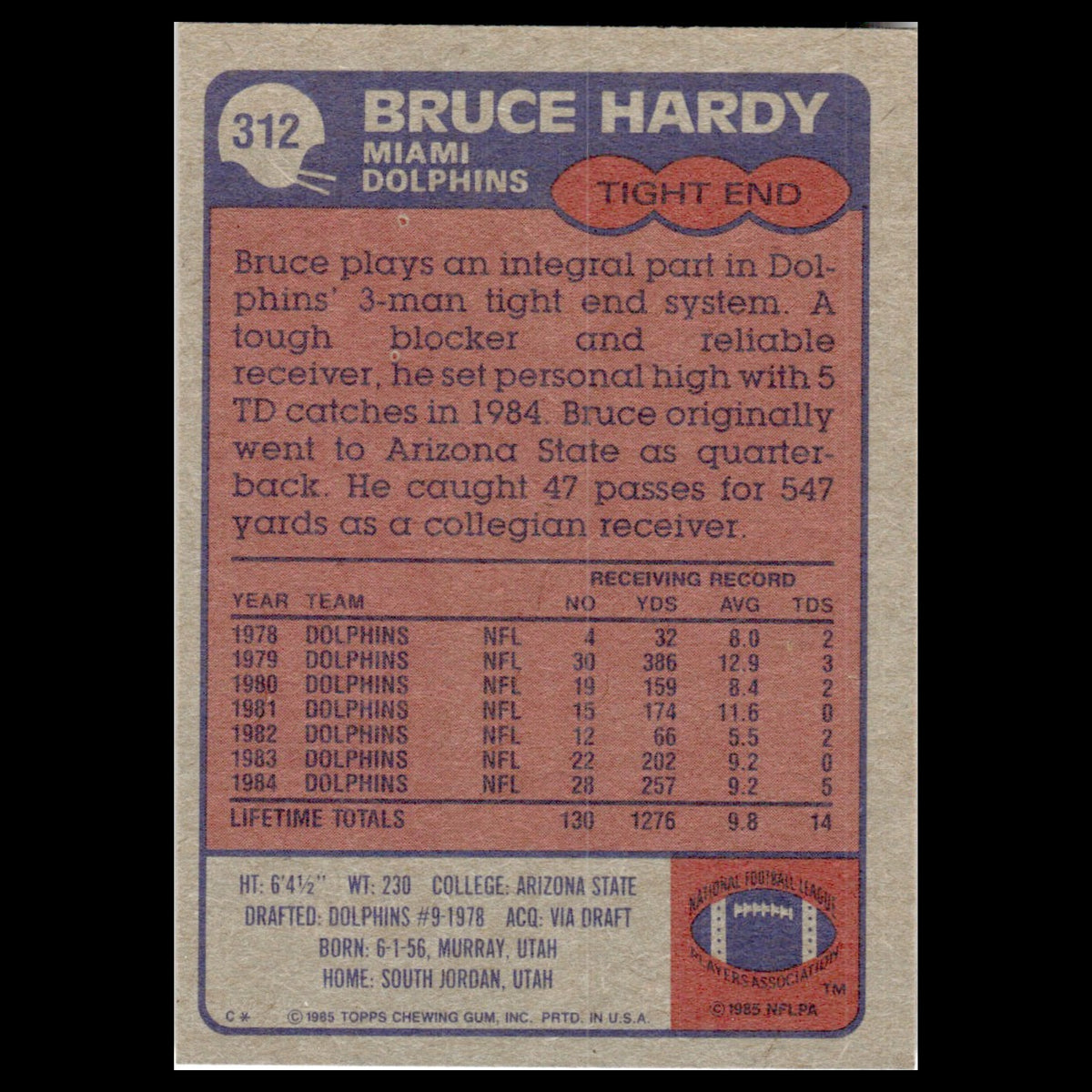 Bruce Hardy #312 1985 Topps Miami Dolphins Football Card NFL NM