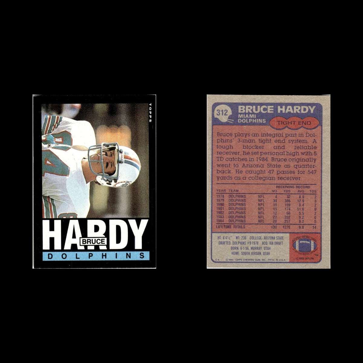 Bruce Hardy #312 1985 Topps Miami Dolphins Football Card NFL NM