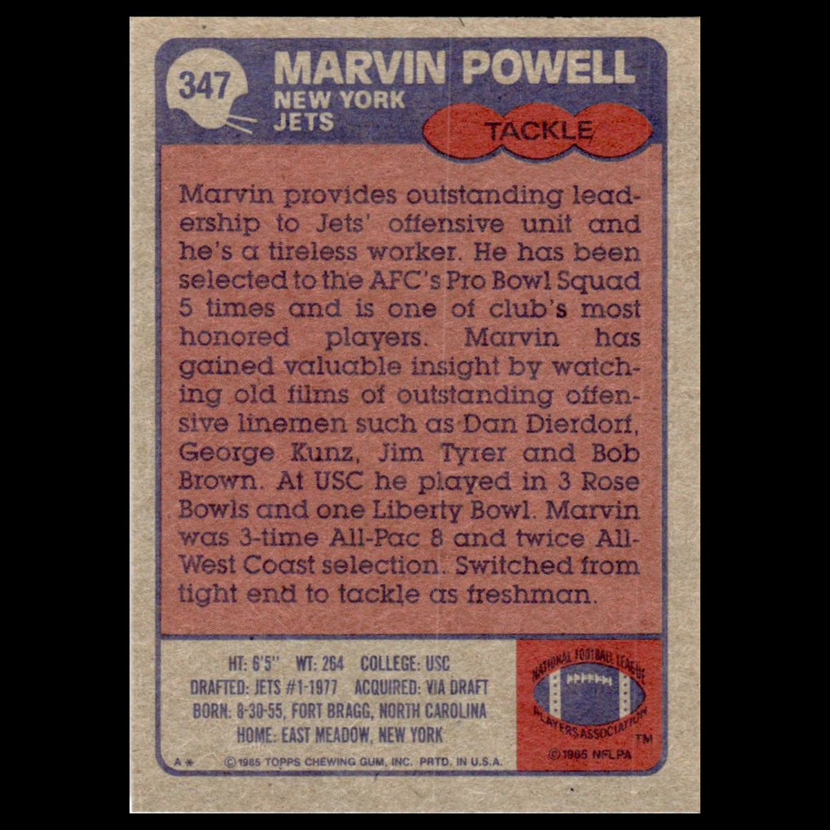 Marvin Powell #347 1985 Topps New York Jets Football Card NFL NM