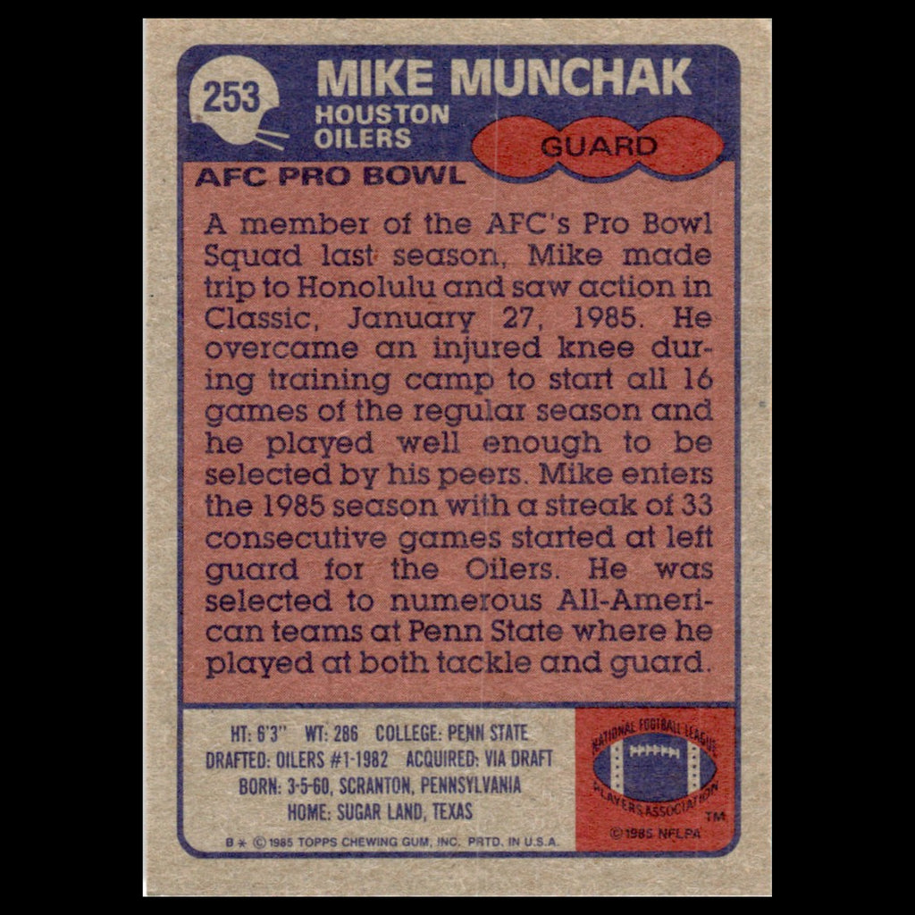 Mike Munchak #253 1985 Topps Houston Oilers Football Card NFL NM