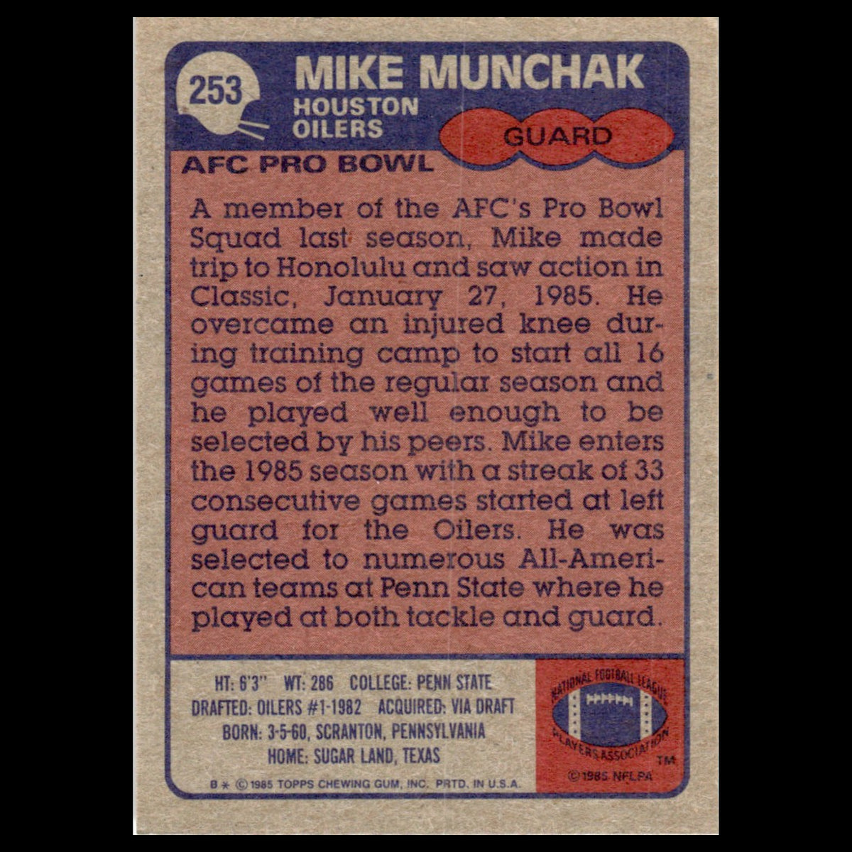 Mike Munchak #253 1985 Topps Houston Oilers Football Card NFL NM