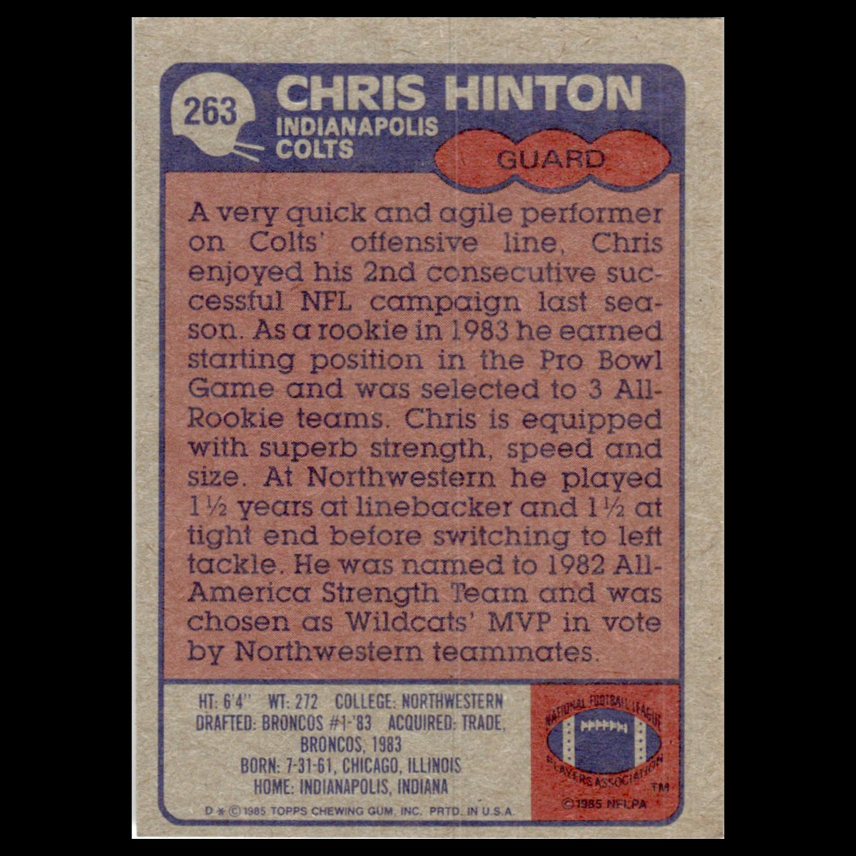 Chris Hinton #263 1985 Topps Indianapolis Colts Football Card NFL NM