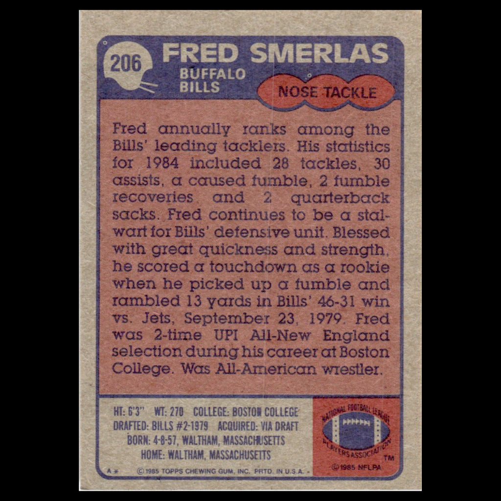 Fred Smerlas #206 1985 Topps Buffalo Bills Football Card NFL NM