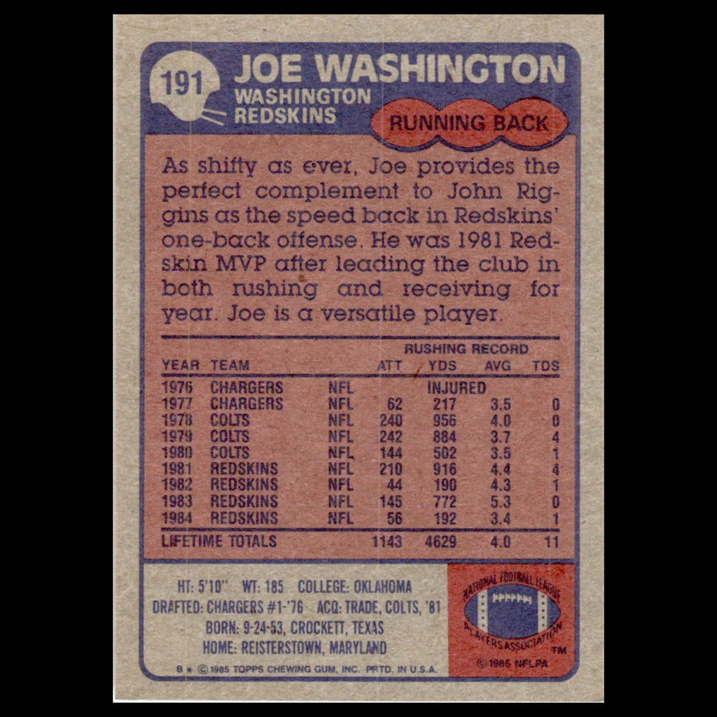 Joe Washington #191 1985 Topps Washington Redskins Football Card NFL NM