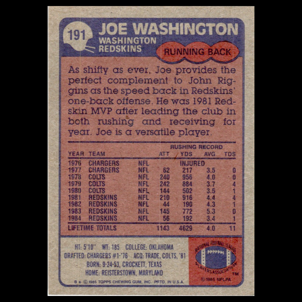 Joe Washington #191 1985 Topps Washington Redskins Football Card NFL NM
