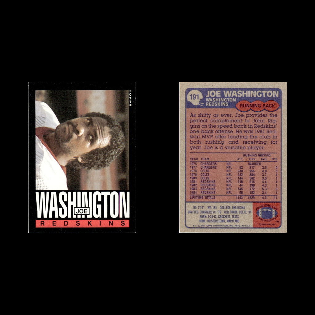 Joe Washington #191 1985 Topps Washington Redskins Football Card NFL NM