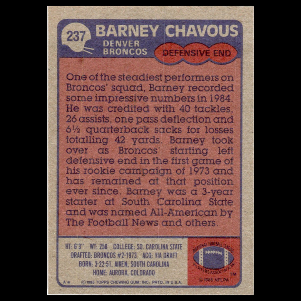 Barney Chavous #237 1985 Topps Denver Broncos Football Card NFL NM