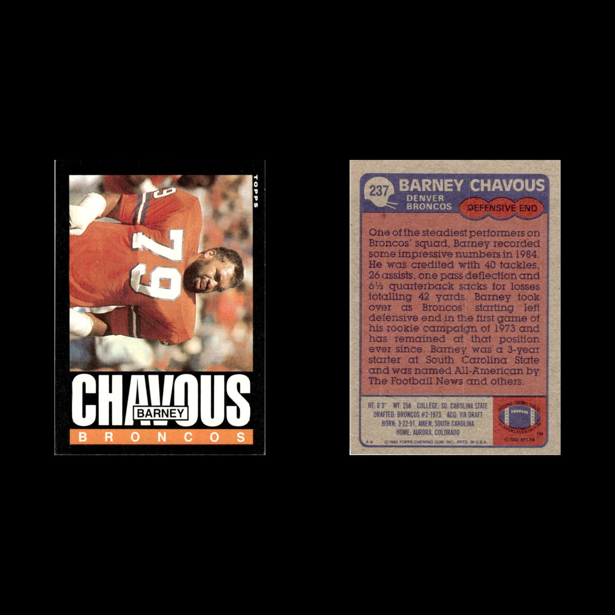 Barney Chavous #237 1985 Topps Denver Broncos Football Card NFL NM