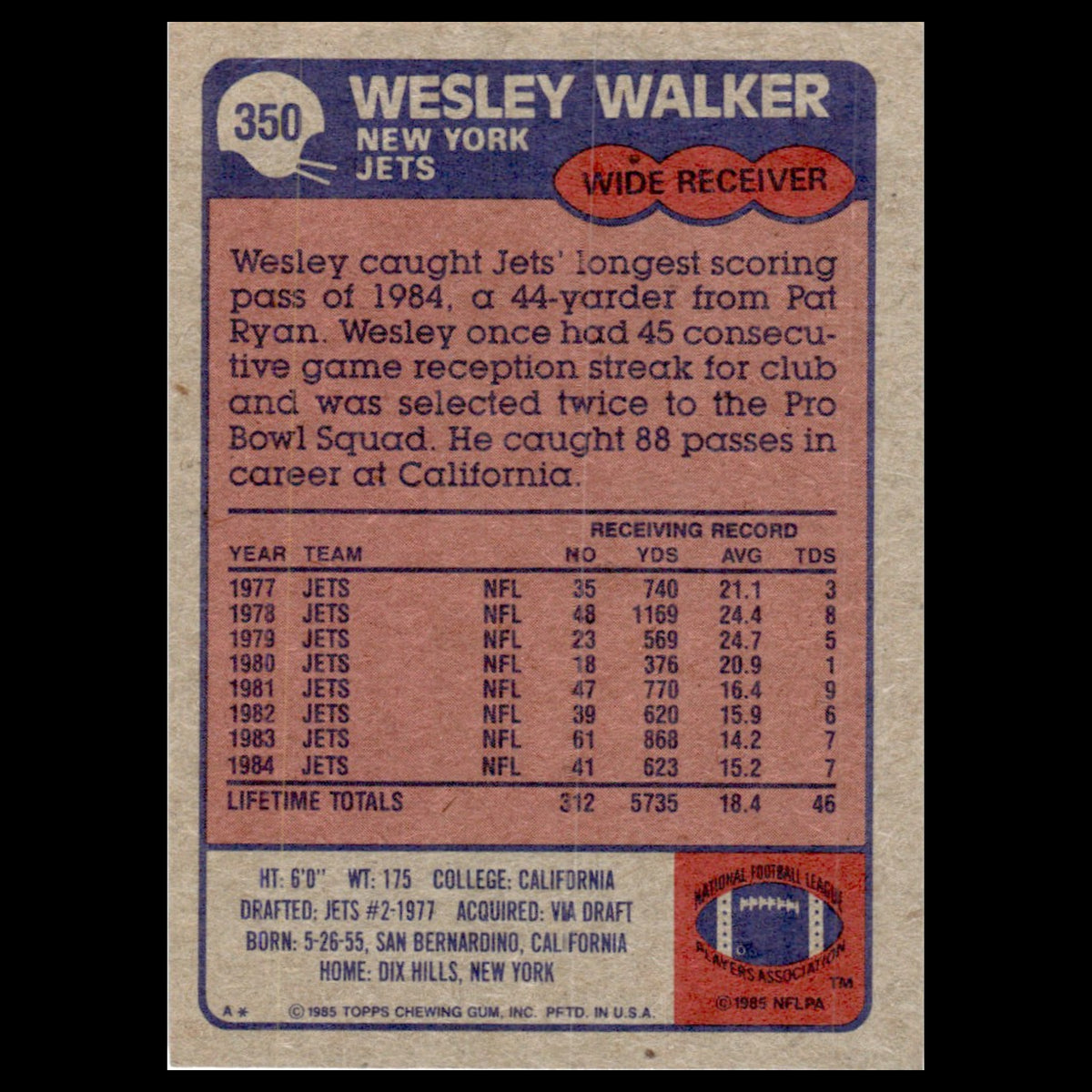 Wesley Walker #350 1985 Topps New York Jets Football Card NFL NM
