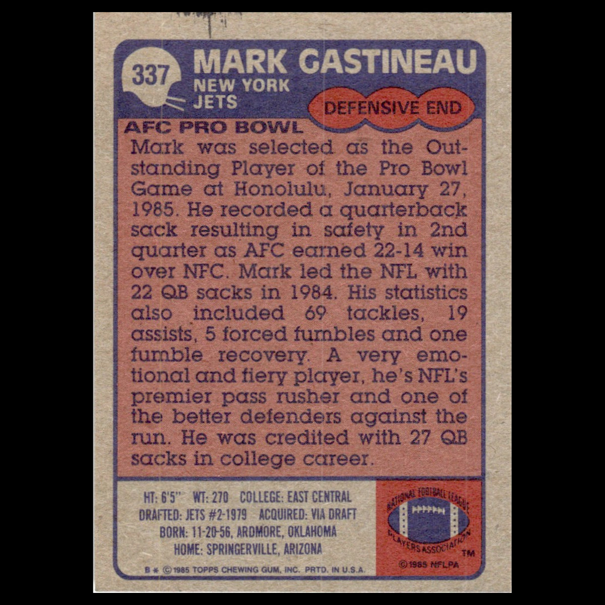 Mark Gastineau #337 1985 Topps New York Jets Football Card NFL NM