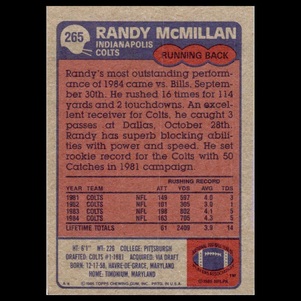 Randy McMillan #265 1985 Topps Indianapolis Colts Football Card NFL NM