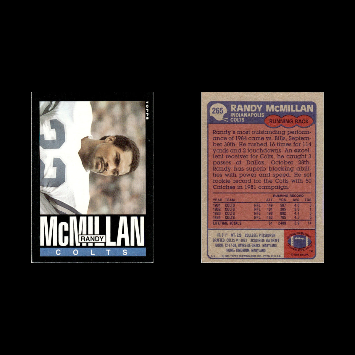 Randy McMillan #265 1985 Topps Indianapolis Colts Football Card NFL NM