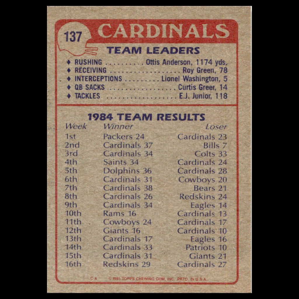 Cardinals Team Leaders #137 1985 Topps St. Louis Cardinals Football Card NFL NM