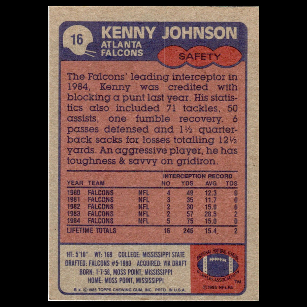 Kenny Johnson #16 1985 Topps Atlanta Falcons Football Card NFL NM
