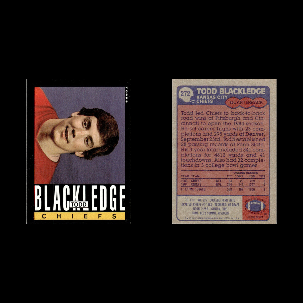 Todd Blackledge #272 1985 Topps Kansas City Chiefs Football Card NFL NM