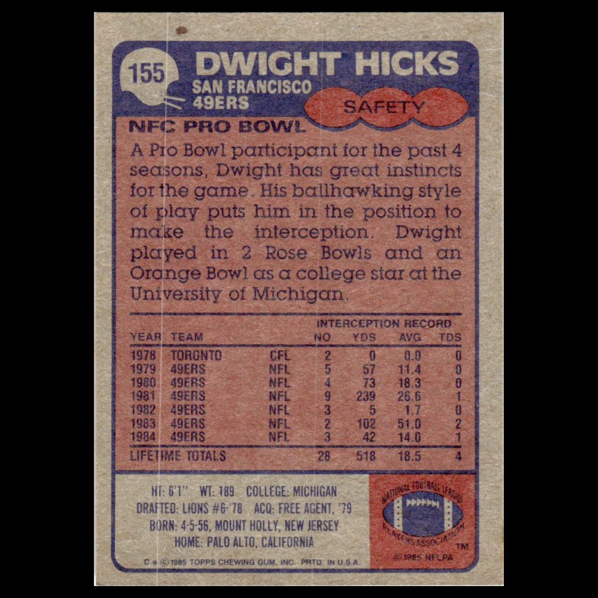 Dwight Hicks #155 1985 Topps San Francisco 49ers Football Card NFL NM