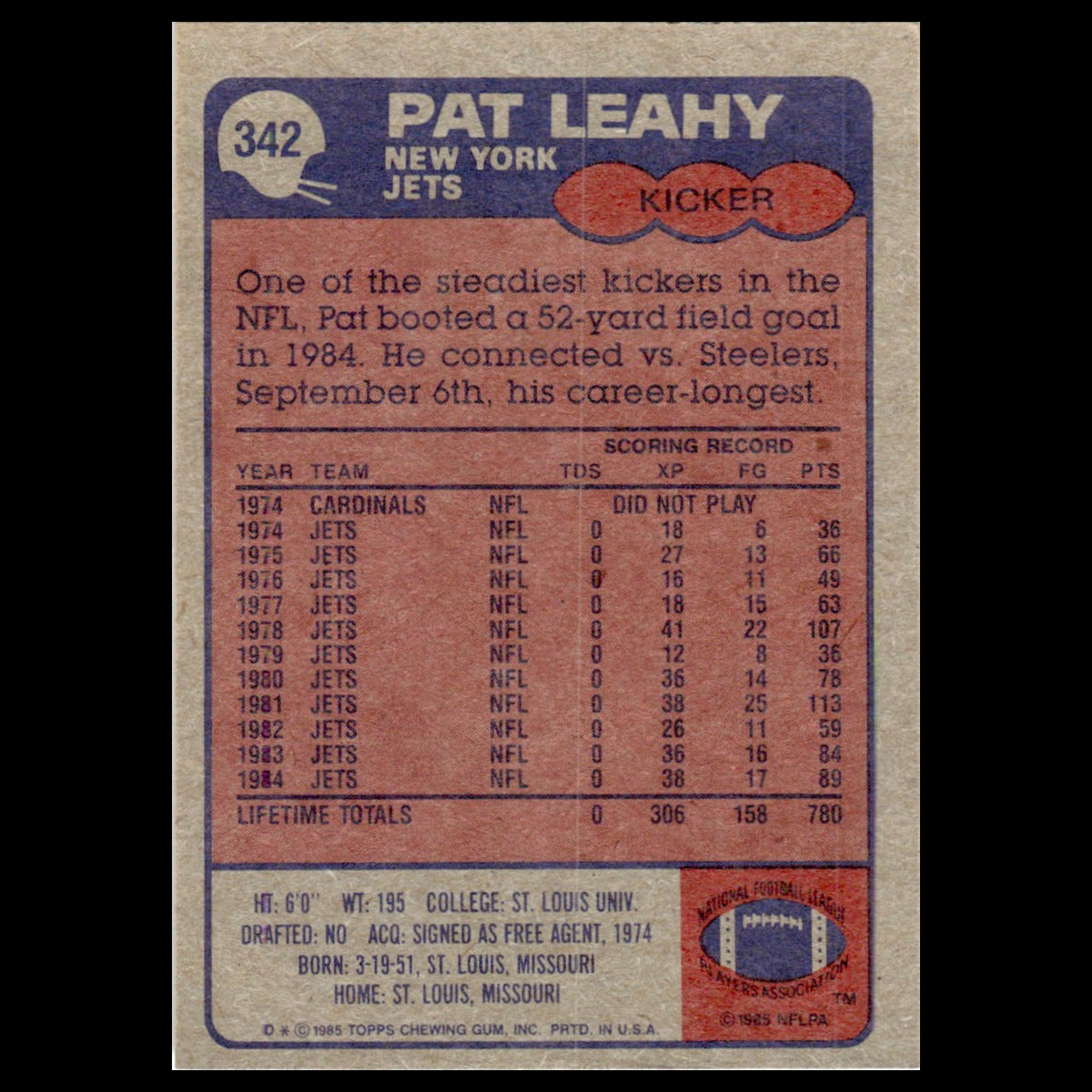 Pat Leahy #342 1985 Topps New York Jets Football Card NFL NM