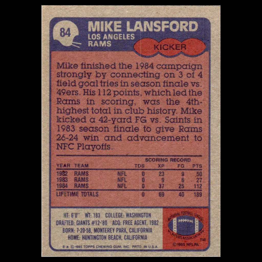 Mike Lansford #84 1985 Topps Los Angeles Rams Football Card NFL NM