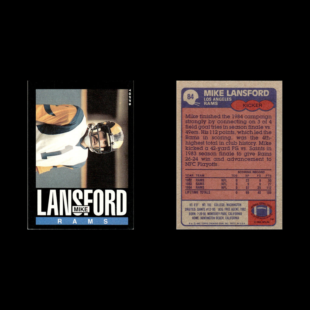 Mike Lansford #84 1985 Topps Los Angeles Rams Football Card NFL NM