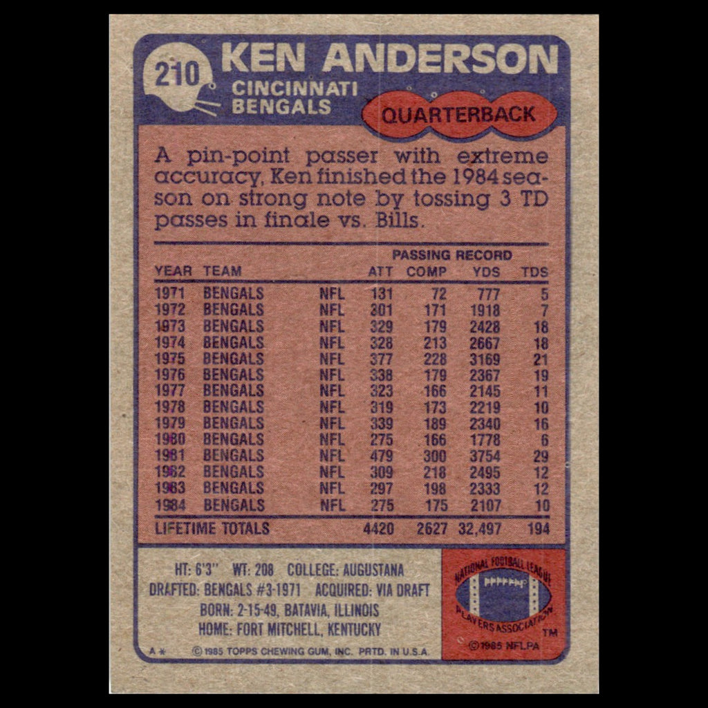 Ken Anderson #210 1985 Topps Cincinnati Bengals Football Card NFL NM