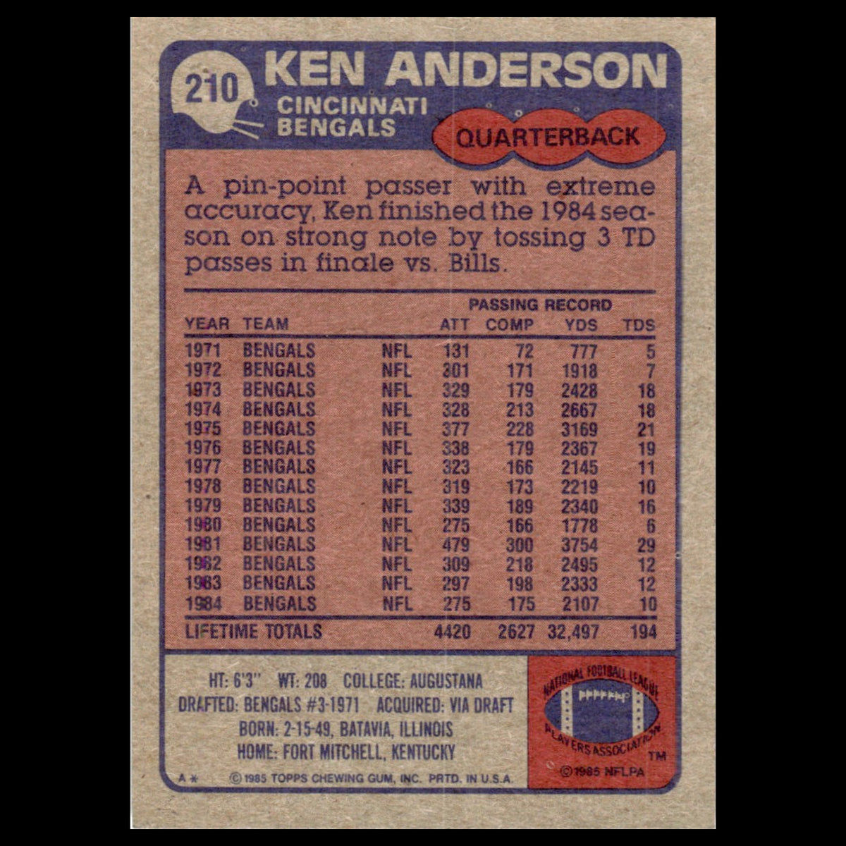 Ken Anderson #210 1985 Topps Cincinnati Bengals Football Card NFL NM