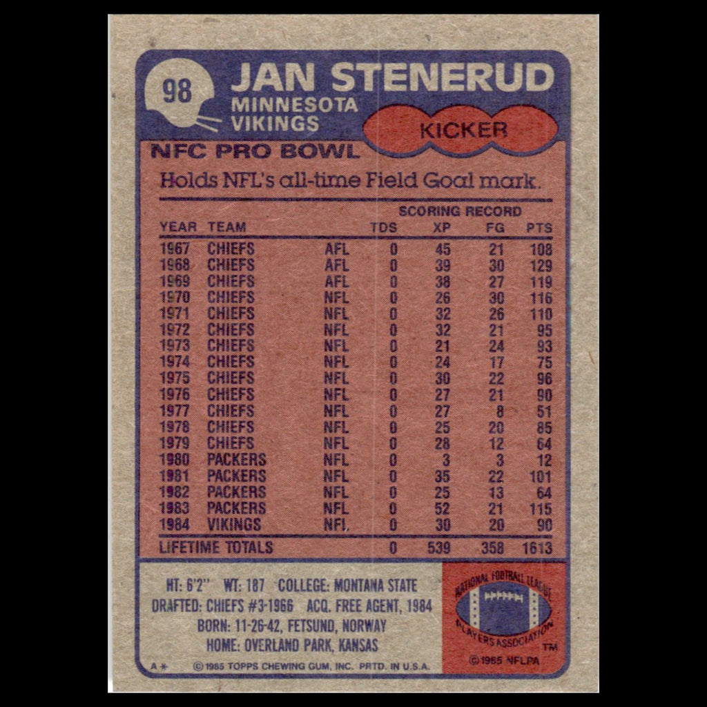 Jan Stenerud #98 1985 Topps Minnesota Vikings Football Card NFL NM