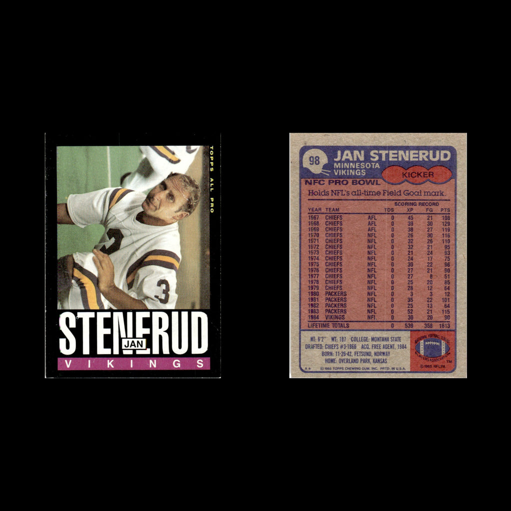 Jan Stenerud #98 1985 Topps Minnesota Vikings Football Card NFL NM