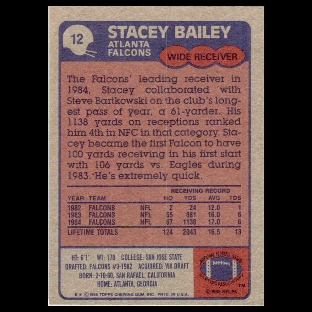 Stacey Bailey #12 1985 Topps Atlanta Falcons Football Card NFL NM