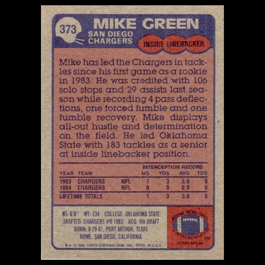 Mike Green #373 1985 Topps San Diego Chargers Football Card NFL NM