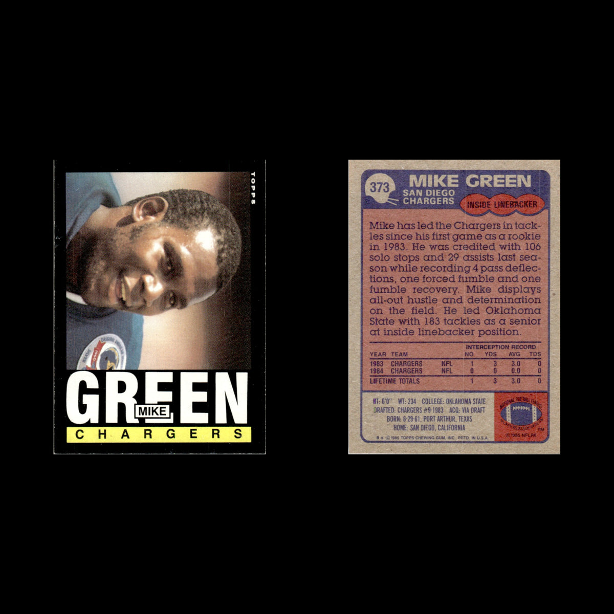 Mike Green #373 1985 Topps San Diego Chargers Football Card NFL NM