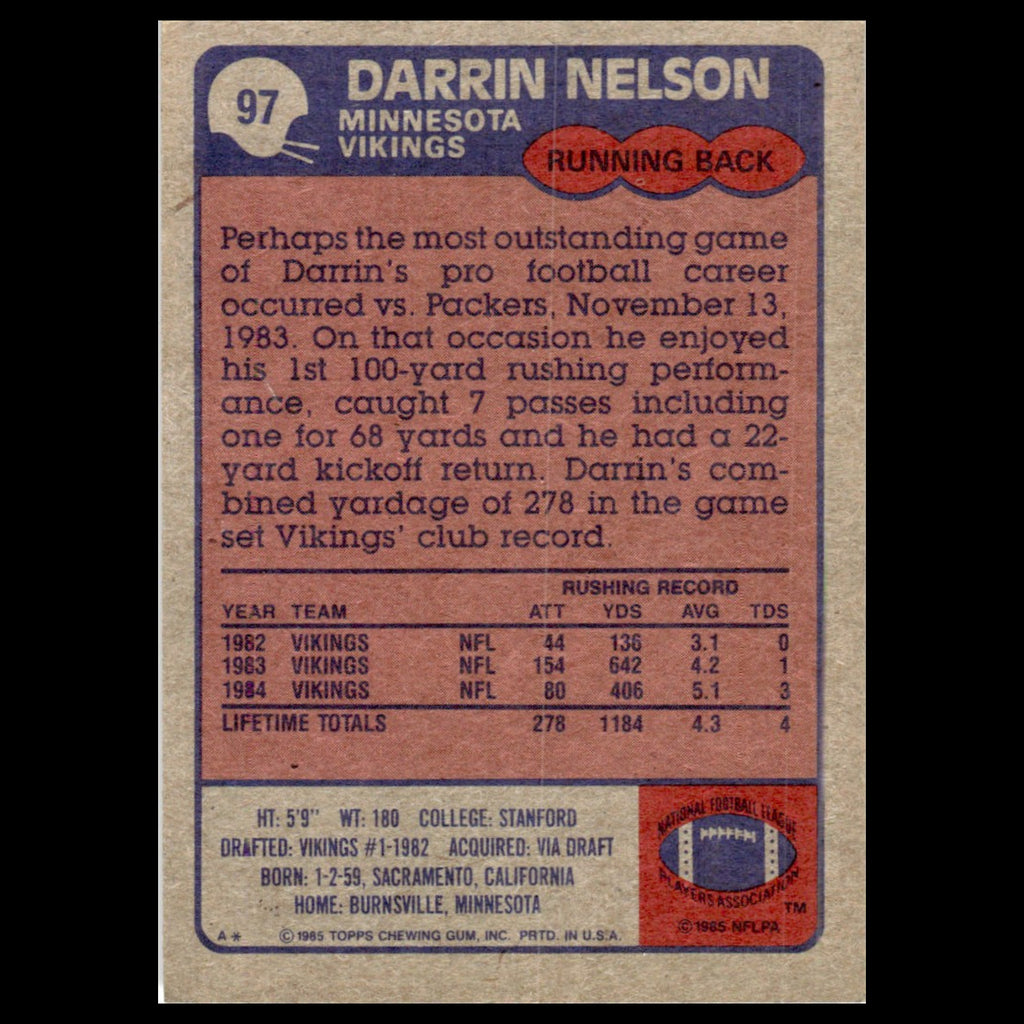 Darrin Nelson #97 1985 Topps Minnesota Vikings Football Card NFL NM
