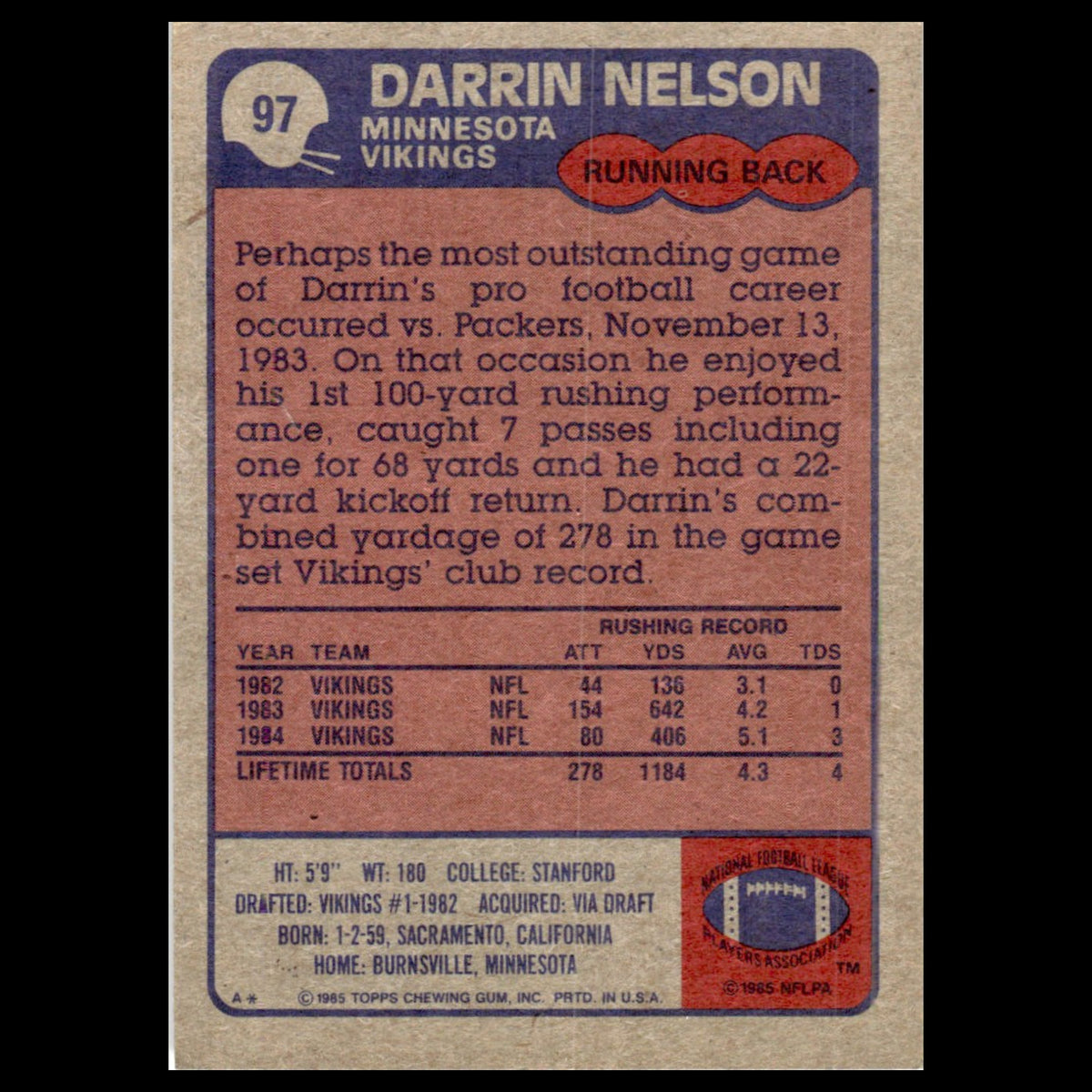 Darrin Nelson #97 1985 Topps Minnesota Vikings Football Card NFL NM