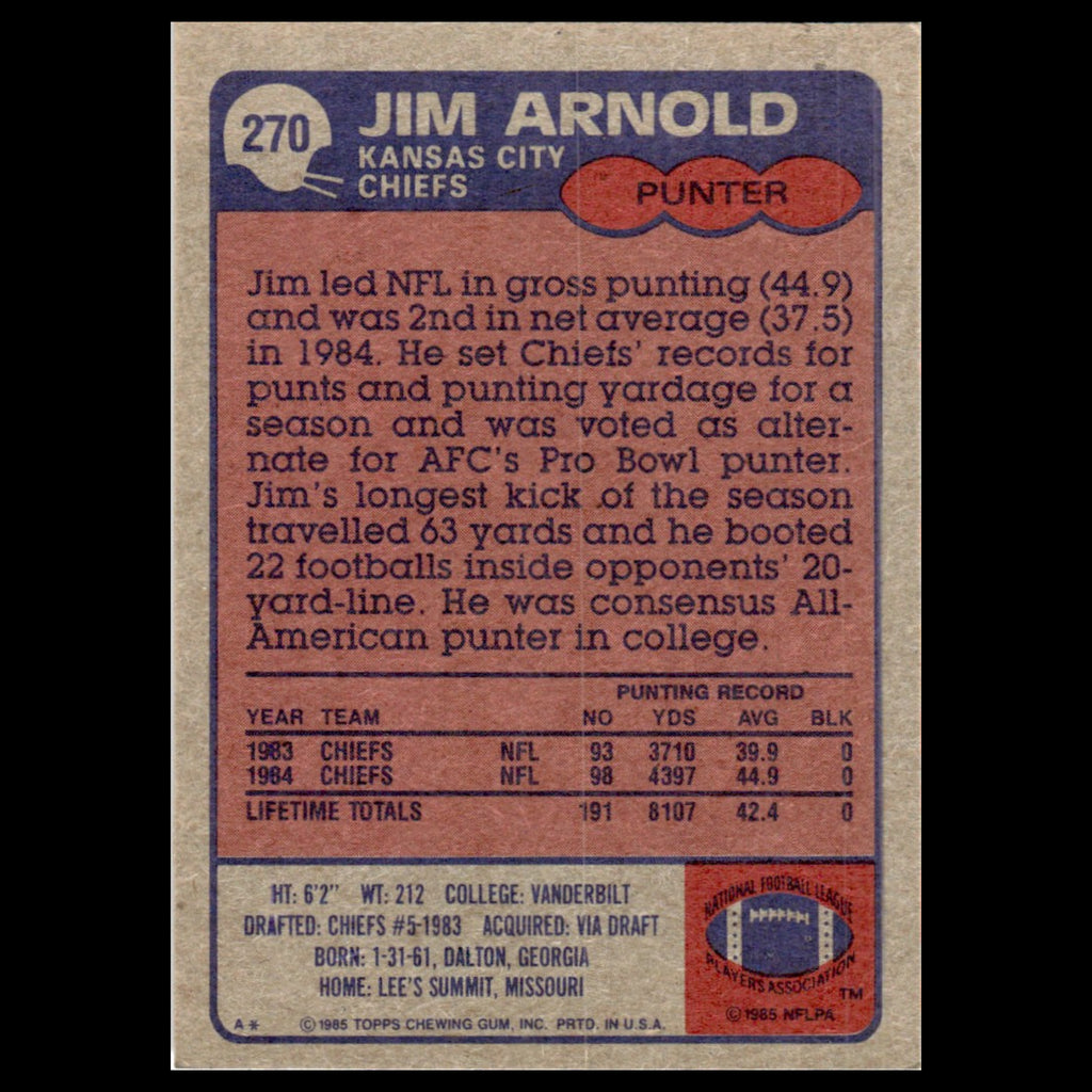 Jim Arnold #270 1985 Topps Kansas City Chiefs Football Card NFL NM
