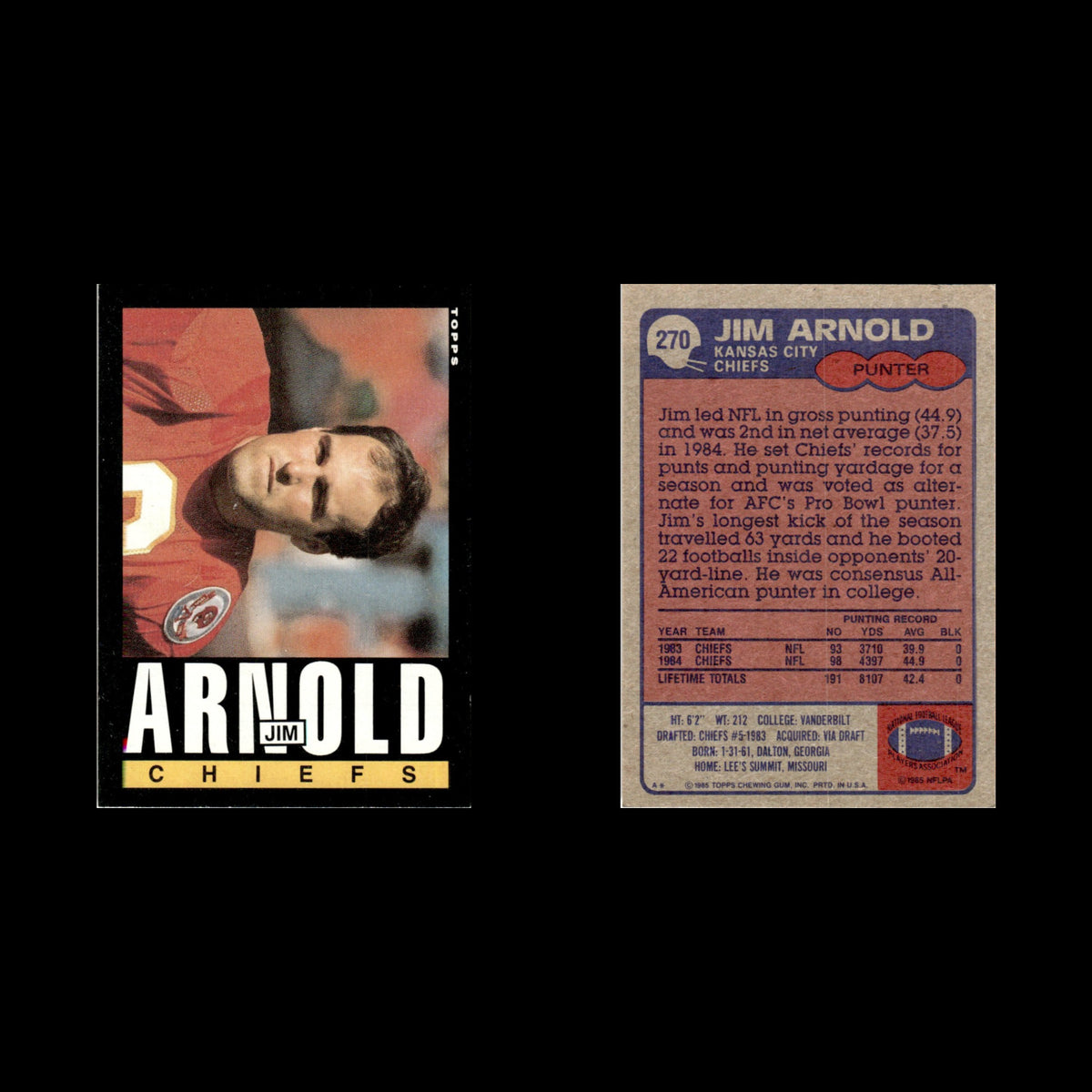 Jim Arnold #270 1985 Topps Kansas City Chiefs Football Card NFL NM