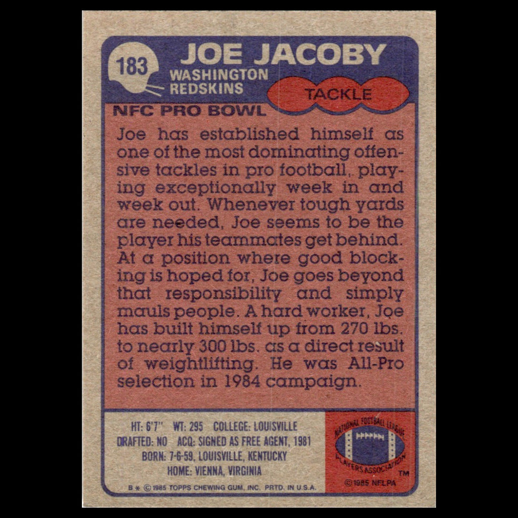 Joe Jacoby #183 1985 Topps Washington Redskins Football Card NFL NM