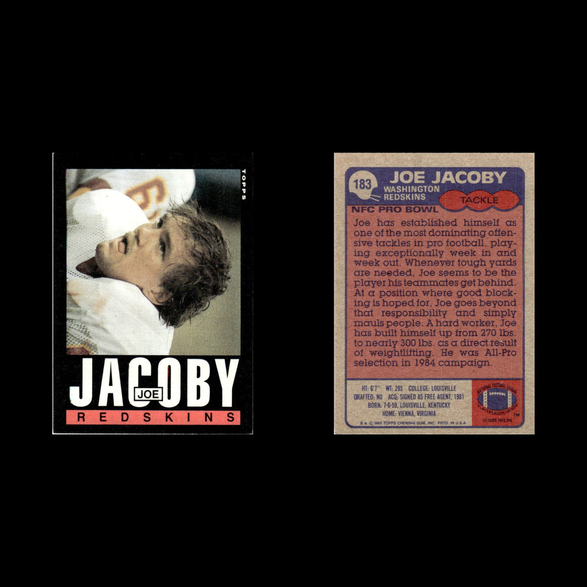 Joe Jacoby #183 1985 Topps Washington Redskins Football Card NFL NM