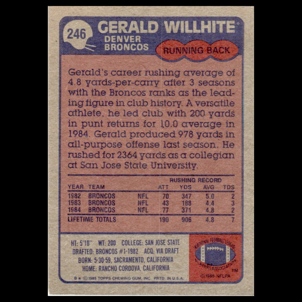Gerald Willhite #246 1985 Topps Denver Broncos Football Card NFL NM