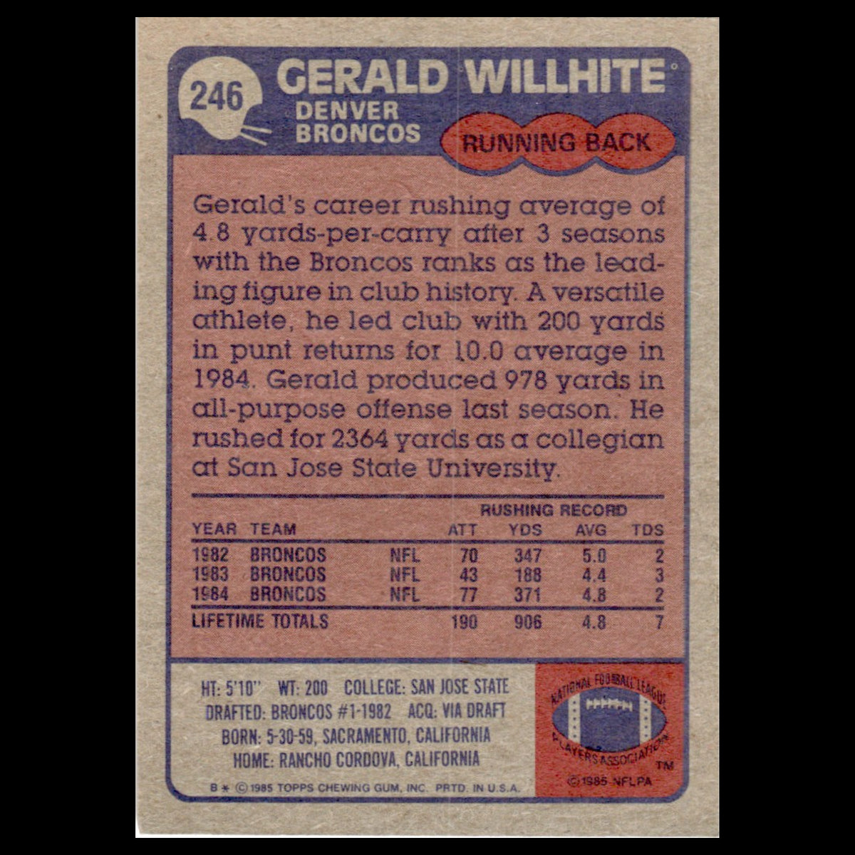 Gerald Willhite #246 1985 Topps Denver Broncos Football Card NFL NM