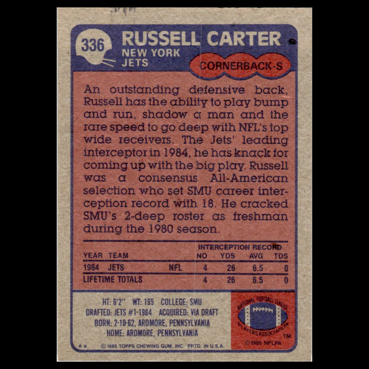 Russell Carter #336 1985 Topps New York Jets Football Card NFL NM