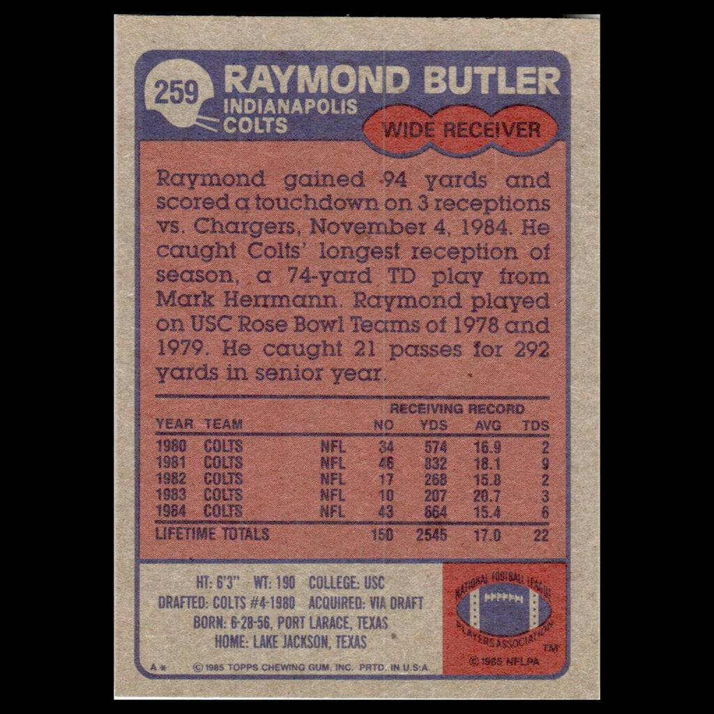 Raymond Butler #259 1985 Topps Indianapolis Colts Football Card NFL NM