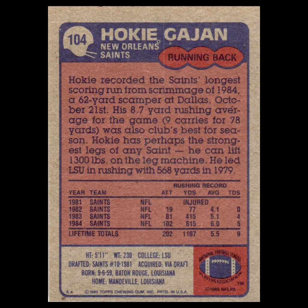 Hokie Gajan #104 1985 Topps New Orleans Saints Football Card NFL NM