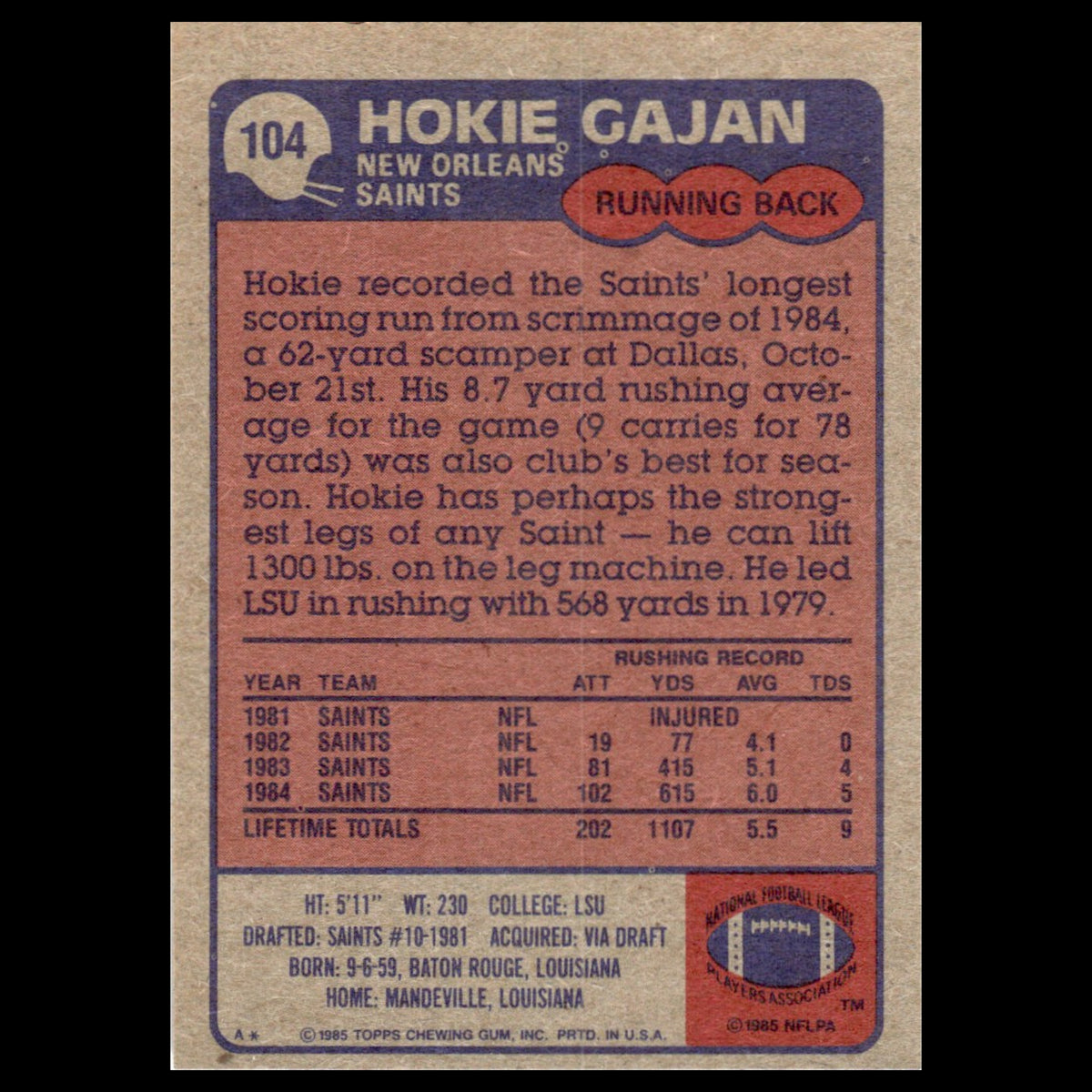 Hokie Gajan #104 1985 Topps New Orleans Saints Football Card NFL NM