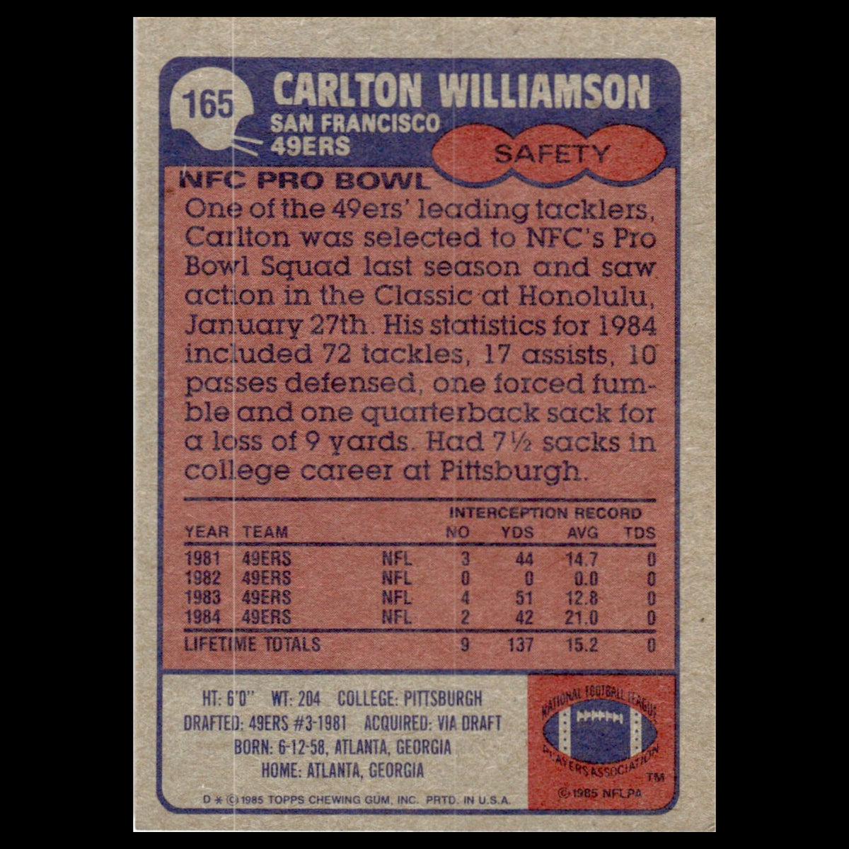 Carlton Williamson #165 1985 Topps San Francisco 49ers Football Card NFL NM